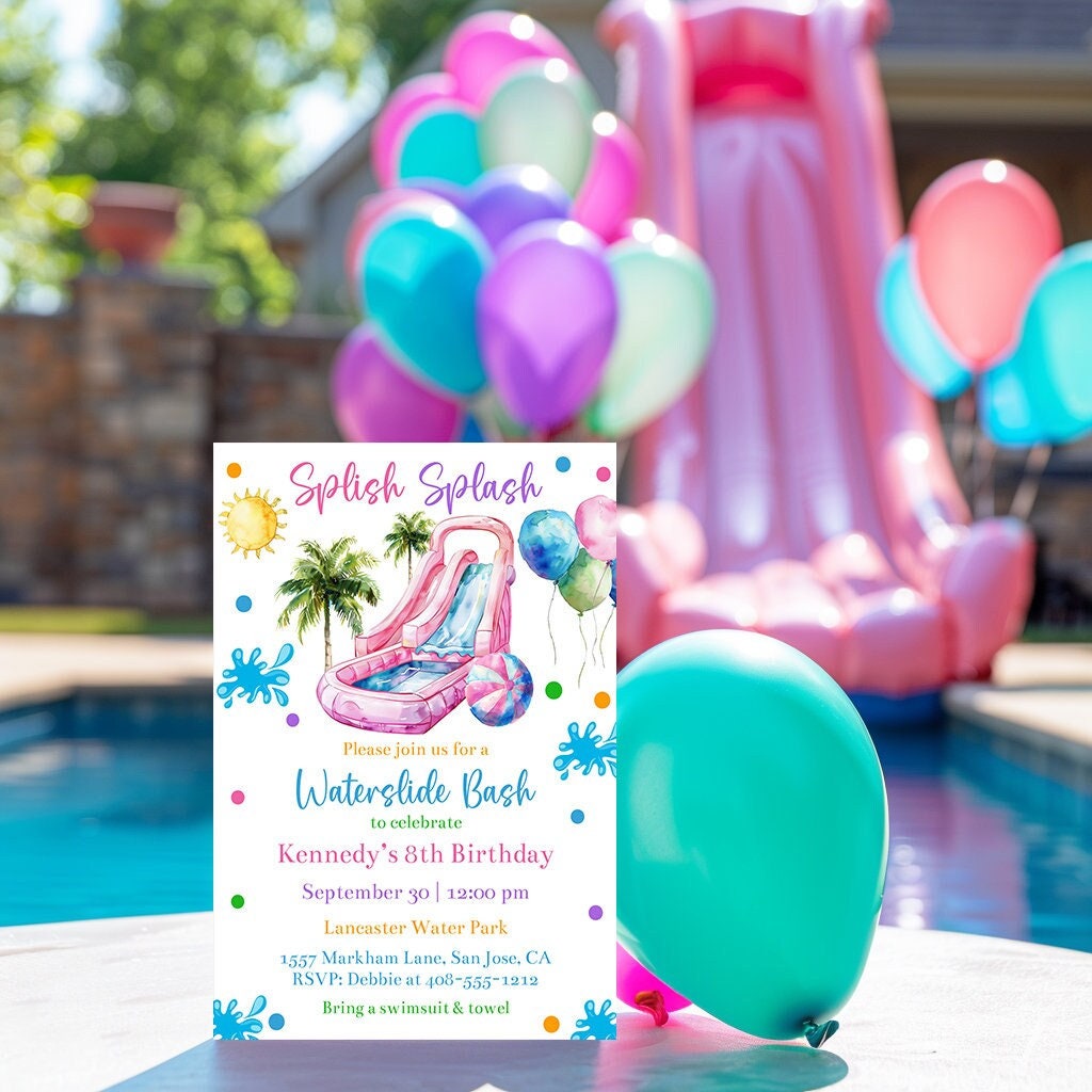 Editable Waterslide Pool Party Invitation Template, Waterslide Party Invite, Printable Summer Birthday Party, Water Slide Party, Corjl, PBPW