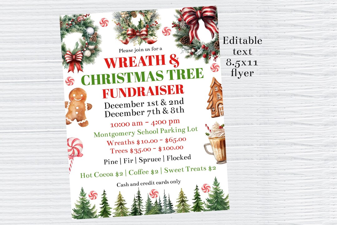 Editable Wreath and Christmas Tree Flyer Template, Printable Holiday ...