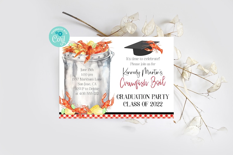 Editable Crawfish Boil Graduation Party Invitation Template, Crawfish Party Grad Class of 2024, Crawfish Dinner Grad Party, Corjl, CFBP image 1