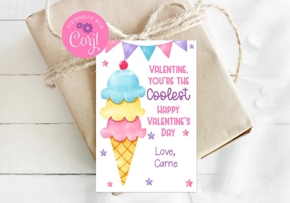 Editable Ice Cream Valentine Tag, Printable Valentines, Sweet Valentine, Corjl, Instant Download, Kids Valentines, School Valentines Il_570xn