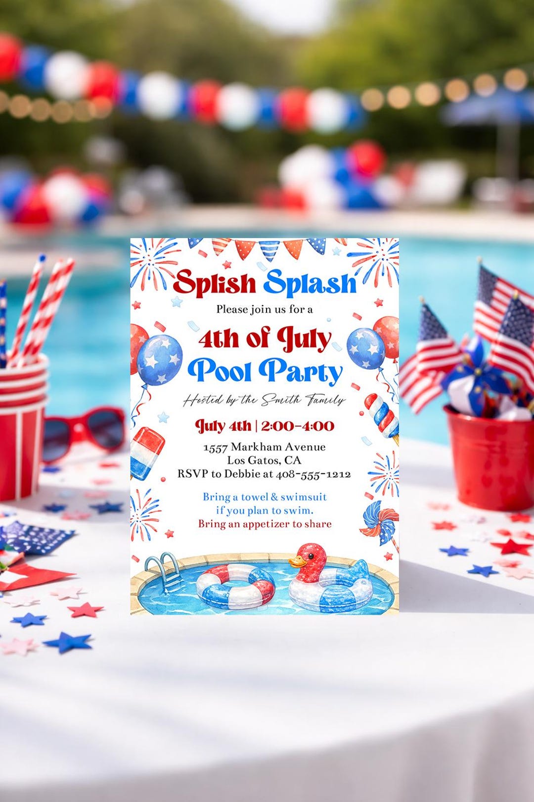 4th of July Pool Party Invitation | Red White Blue Summer Swim Invite ...