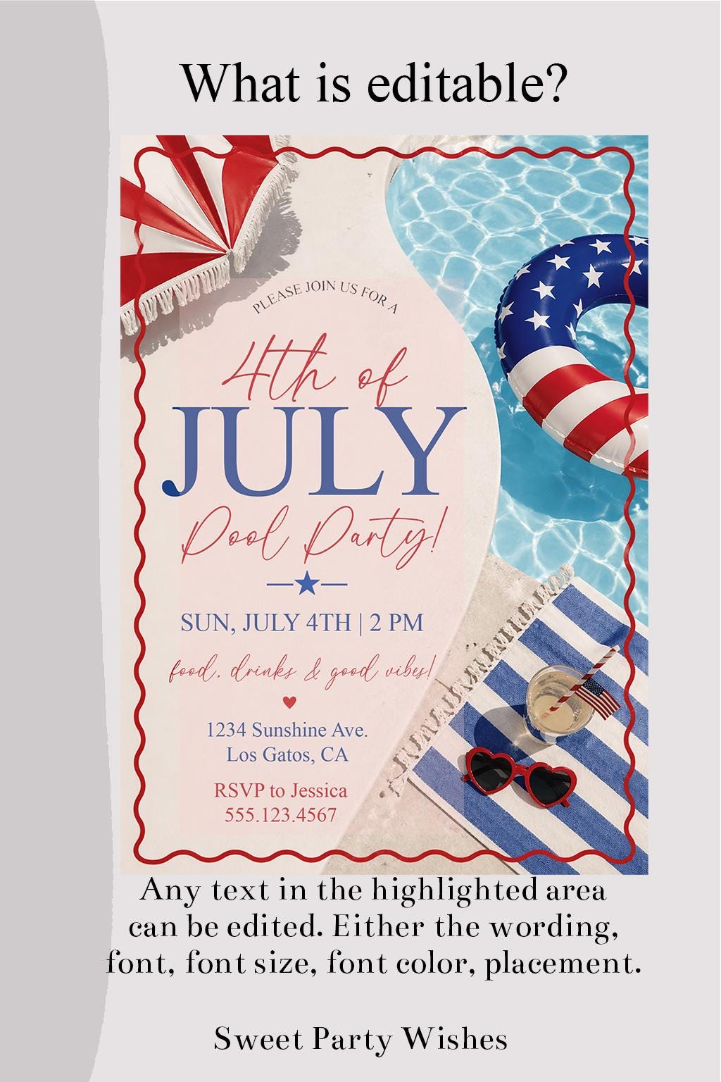 4th of July Pool Party Invitation, Red White Blue Party Template (canva ...
