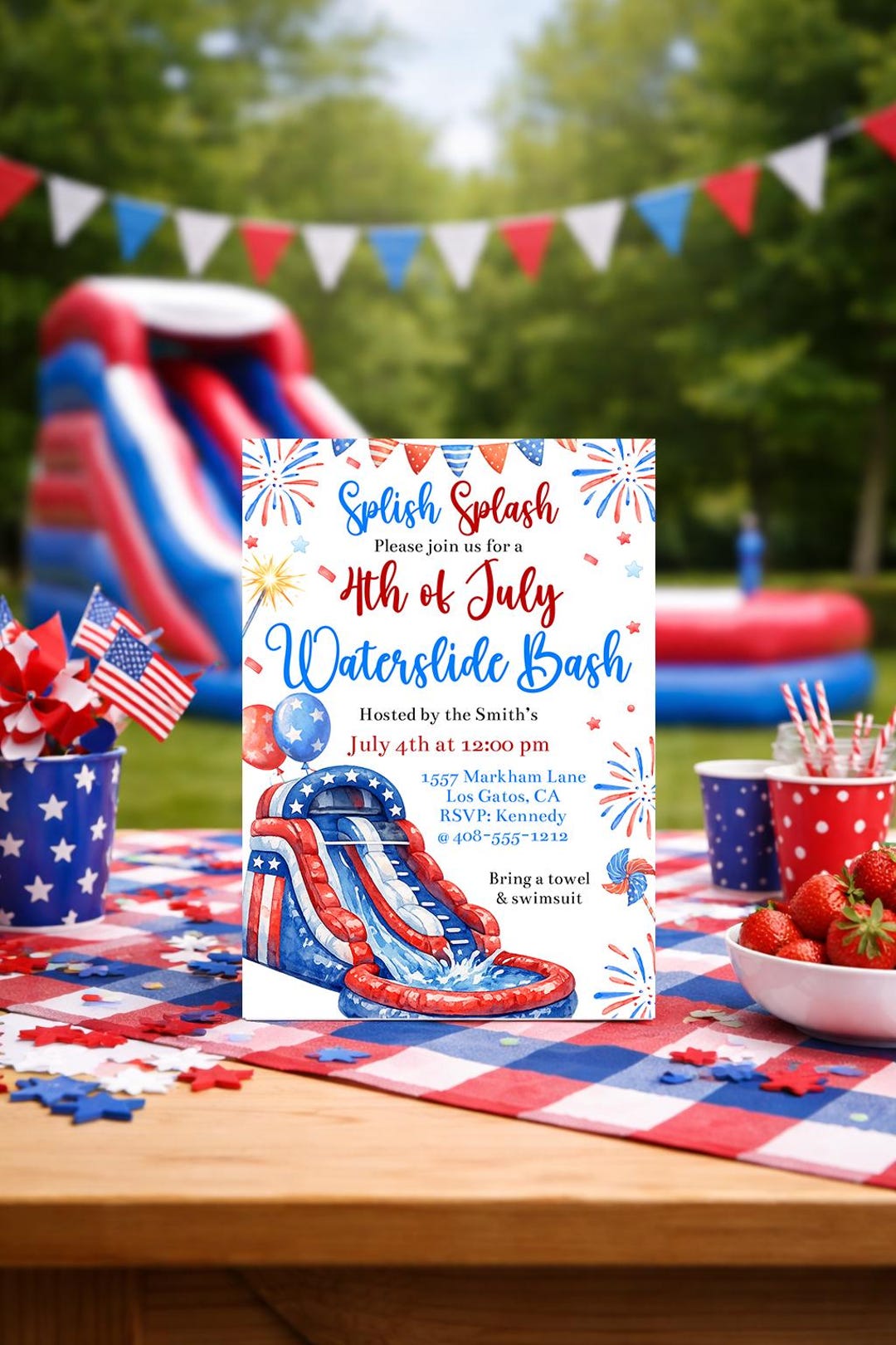4th of July Waterslide Party Invitation Template - Red, White & Blue ...