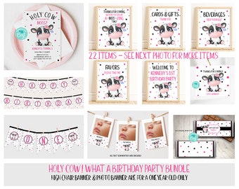 Cow Birthday Party Bundle, Printable Cow Invitation Template, Digital Download Set, Corjl Cow Party Decorations, 1st Birthday, Instant, HCHM
