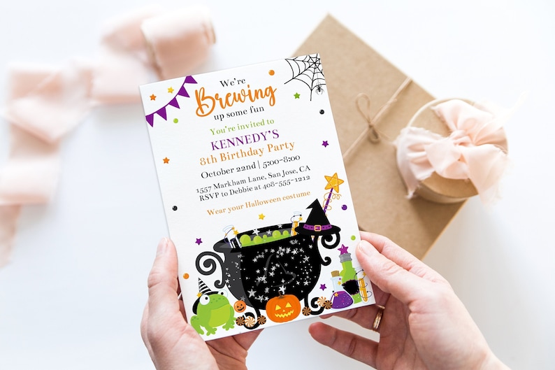 Editable Witch Birthday Invitation Template Halloween Birthday Invite Witches Cauldron We're Brewing Up Some Fun Corjl Printable WBCB image 1