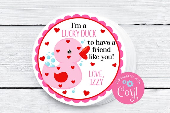 Printable Pink and Red Lucky Duck Valentine Tag For Preschoolers or Daycare, Rubber Ducky Valentine Card For Kids Preschool, Corjl, Toddler Il_570xn