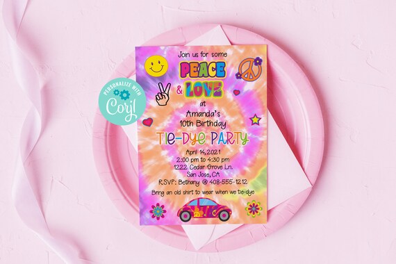 Editable Tie Dye Invitation, Tie-Dye, Peace Love, Hippie Birthday, Hippie Party, Corjl, Printable Invite, Instant Download, Template, TDBP Il_570xn