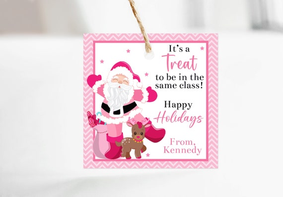 Editable It's A Treat To Be In The Same Class Christmas Tag, Pink Christmas Gift Tag, Printable Girls Santa Tag for Classroom, Corjl Il_570xn