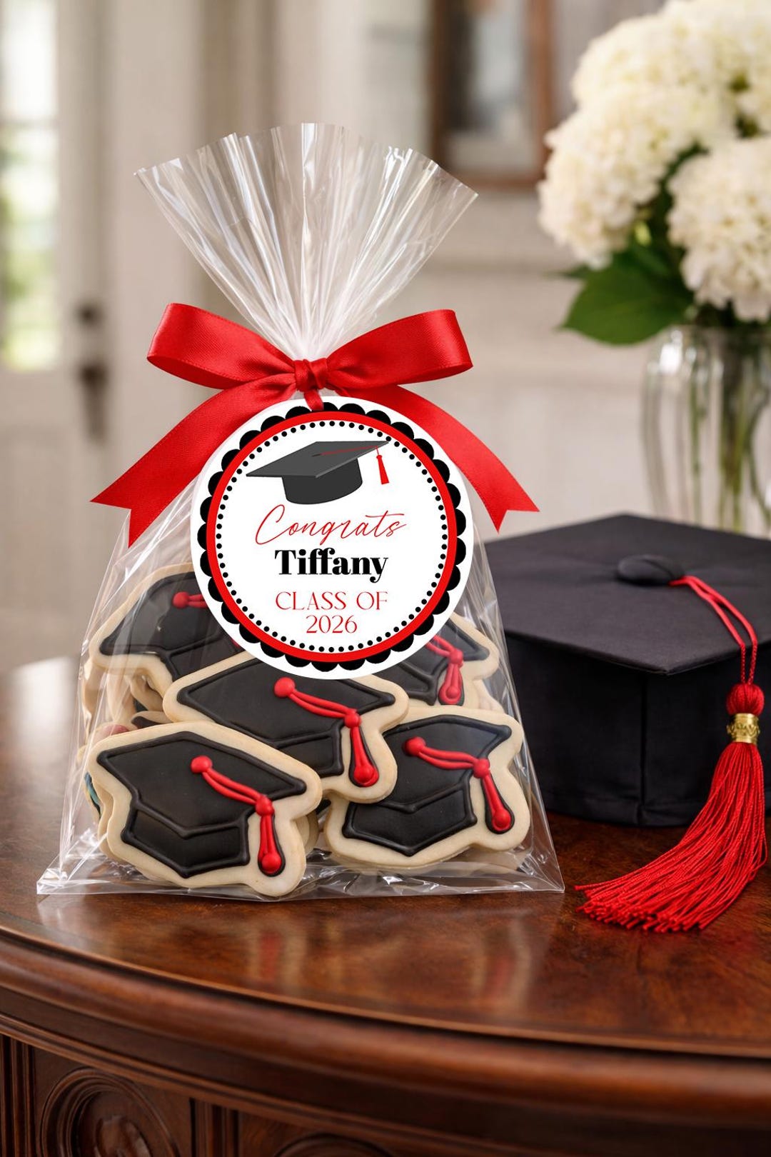 Custom Red Black Graduation Favor Tags | Class of 2026 Party Circles ...