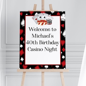 Puede incluir: Un cartel de bienvenida en blanco y negro con s&iacute;mbolos de cartas de juego rojas. El cartel dice "Bienvenido a Michael's 40th Birthday Casino Night".