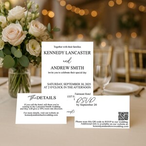 May include: Wedding invitation suite with a floral arrangement in the background. The main invitation card features the names Kennedy Lancaster and Andrew Smith, with event details. Additional cards include RSVP information and website details.