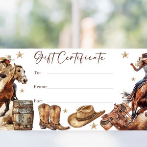 Rodeo or Horseback Riding Gift Certificate, Coupon Voucher, Cowgirl Gift, Printable and Editable