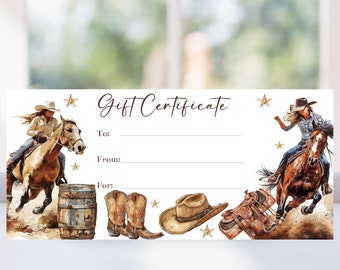 Editable Horseback Riding Gift Certificate Voucher Template, Printable Cowgirl Rodeo Coupon Voucher, Christmas or Birthday Farm Gift, Corjl