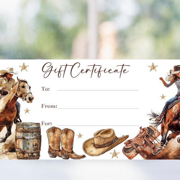 Editable Horseback Riding Gift Certificate Voucher Template, Printable Cowgirl Rodeo Coupon Voucher, Christmas or Birthday Farm Gift, Corjl