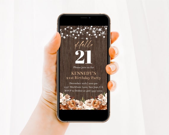 Editable Hello 21 Digital Invitation Template Rustic 21st Birthday ...