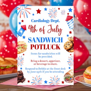 Puede incluir: Una tarjeta blanca con fuegos artificiales y estrellas rojas, blancas y azules. El texto dice "Cardiology Dept. 4th of July SANDWICH POTLUCK. Items for sandwiches will be provided. Bring a dessert, appetizer, or beverage to share. Respond to Debbie at the front desk by June 25th if you be attending."