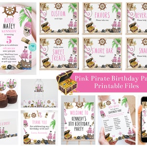 Editable Girls Pirate Birthday Party Bundle, Printable Pirate Birthday Party Decorations, Invitation, Scavenger Hunt, Signs, Corjl, PPGB