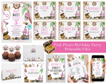 Editable Girls Pirate Birthday Party Bundle, Printable Pirate Birthday Party Decorations, Invitation, Scavenger Hunt, Signs, Corjl, PPGB
