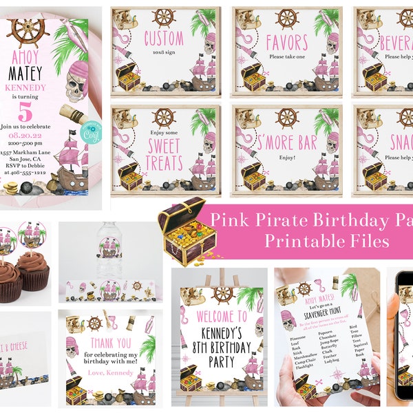 Editable Girls Pirate Birthday Party Bundle, Printable Pirate Birthday Party Decorations, Invitation, Scavenger Hunt, Signs, Corjl, PPGB