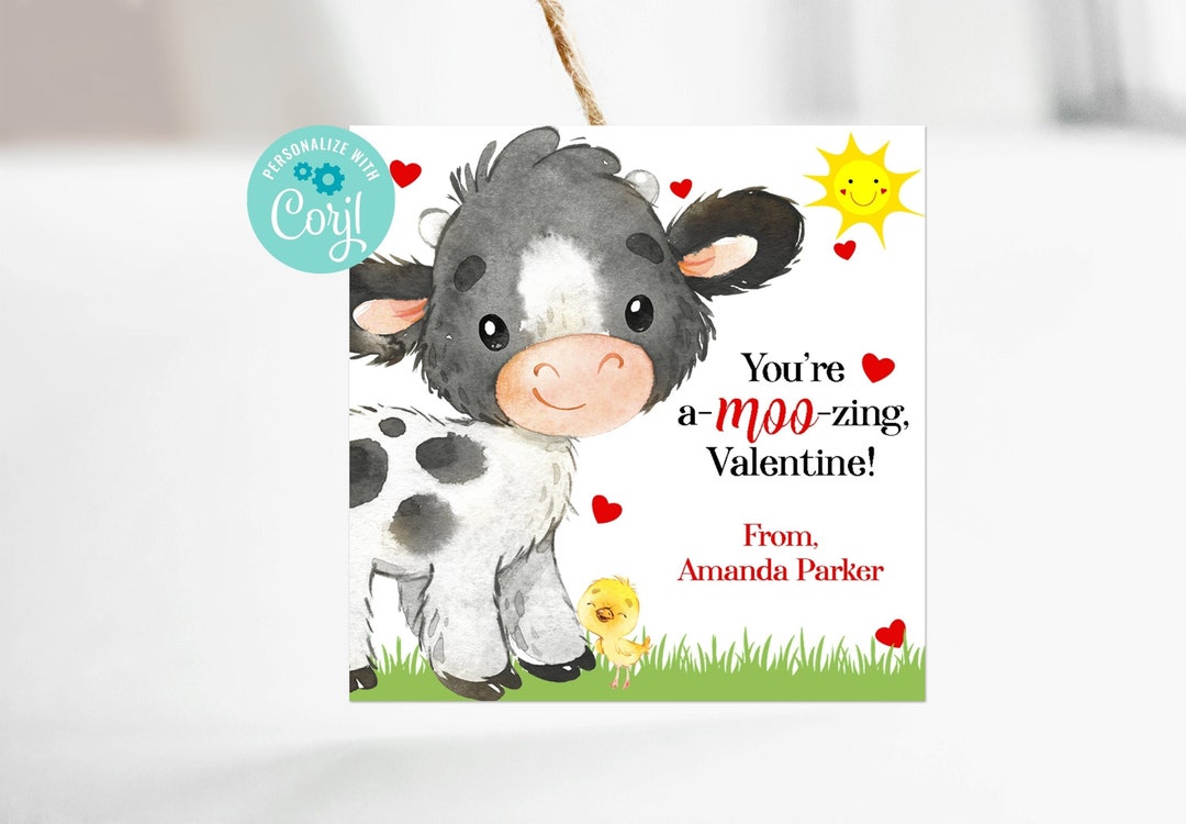 Editable Cow Valentine Tag for Preschool Daycare School or