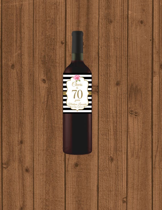 70th Birthday Wine Label, Cheers to 70 Years Wine Label, Personalized Wine Label, Black White Striped 70th Wine Label, Floral 70th Wine Il_570xn