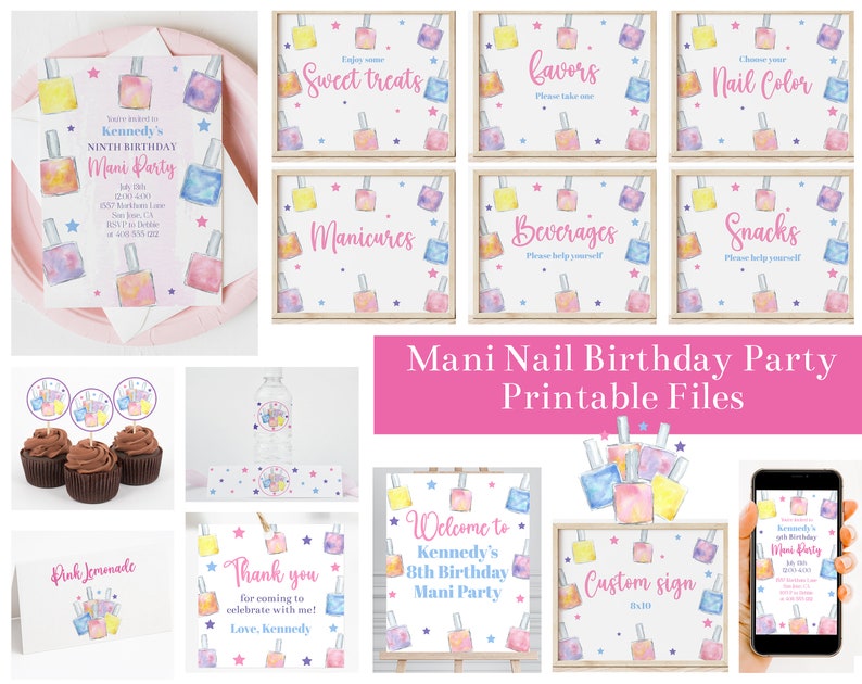 Mani Birthday Party Bundle, Editable Mani Pedi Set, Girls Birthday Manicure Party Printables, Nail Salon Party Decorations, Corjl, MPNP image 1
