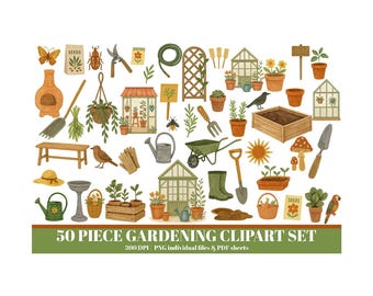 Paquete de imágenes prediseñadas de jardinería: 50 imágenes de descarga instantánea • PNG PDF imprimible • Plantas, herramientas, invernadero, macetas, bancales elevados • Juego de jardín • 300 DPI