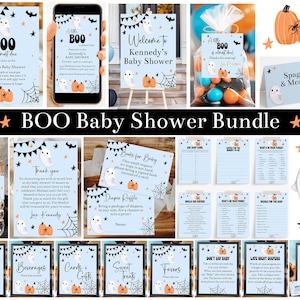 Printable A Little Boo is Almost Due Baby Shower Bundle, Editable Ghost Blue Boys Halloween Baby Shower Invitation and Decor, Corjl, BBBS