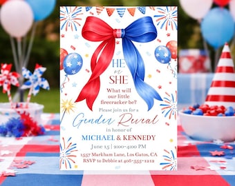 4th of July Gender Reveal Invitation Template, He or She What Will Our Little Firecracker Be, Editable Canva Invite, Red White Blue, FRBB