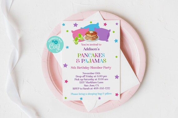 Editable Pancakes and Pajamas Birthday Invitation, Slumber Party Invite, Pajama Party, Pancake Party, Birthday Party Invitation, Corjl, PANB Il_570xn