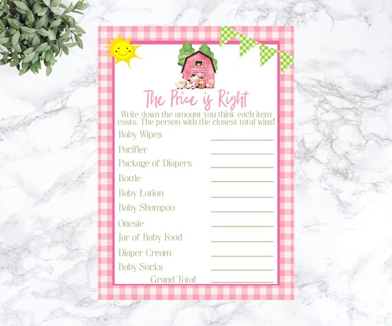 Farm Baby Shower, Price is Right Game, Price Game, Girl Farm, Pink Farm, Pink Barn, Barnyard, Baby Shower Games, Farm Animals, PFBS Il_570xn