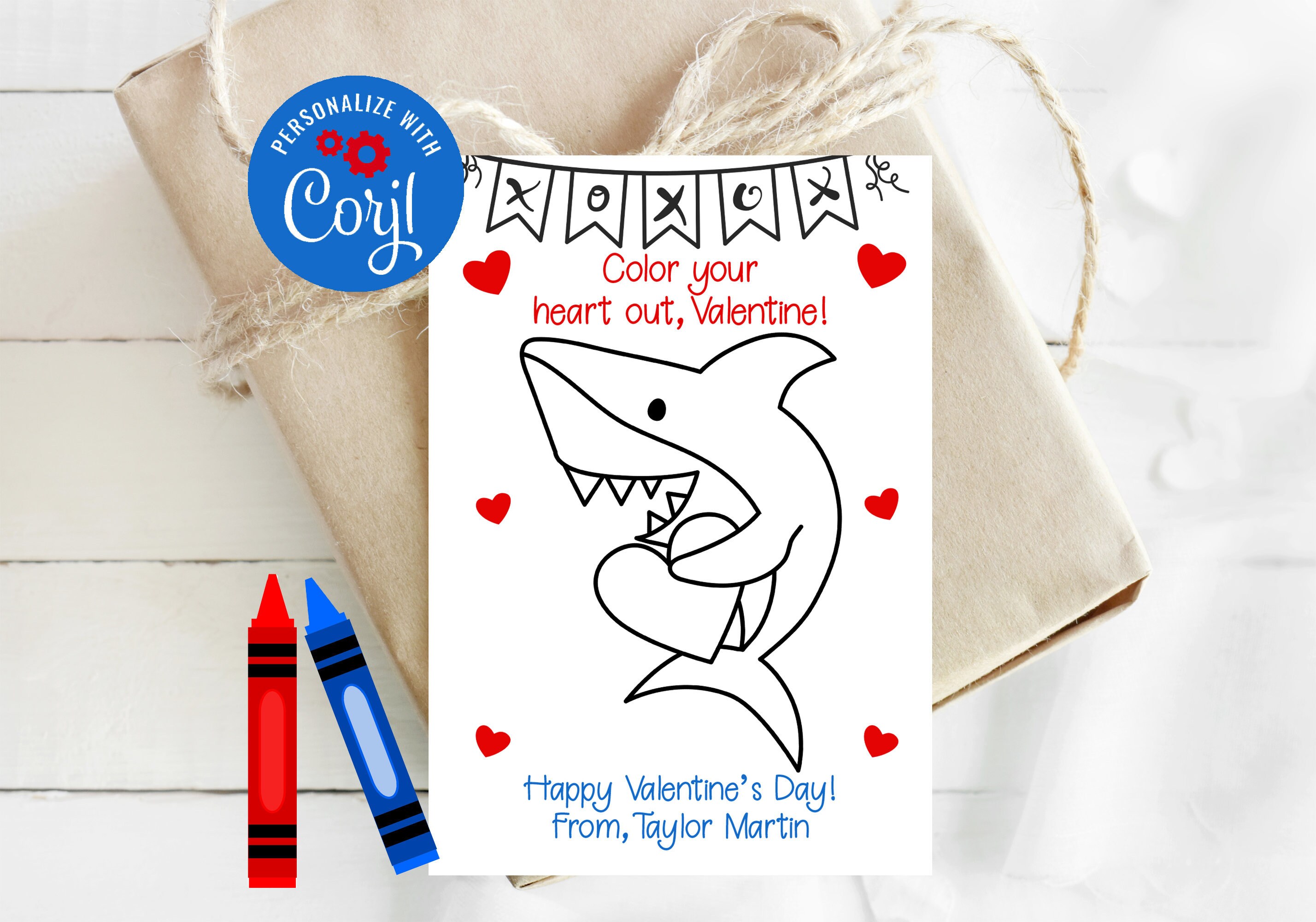 Editable Shark Valentine Coloring Card Valentine Card For | Etsy