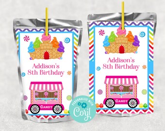 Editable Juice Label, Candy Birthday, Candy Party Decorations, Juice Pouch Label, Girls Birthday Party, Printable, Corjl, Instant, CABP