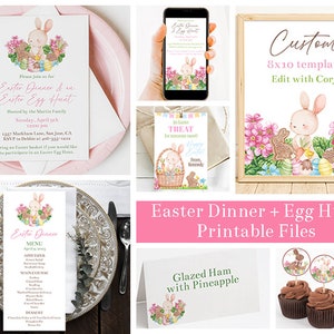 Editable Easter Brunch Bundle Templates, Invitation and Evite, Dinner Menu and Food Card, 8x10 Sign, Cupcake Toppers, Favor Tag, Corjl, EADN image 1