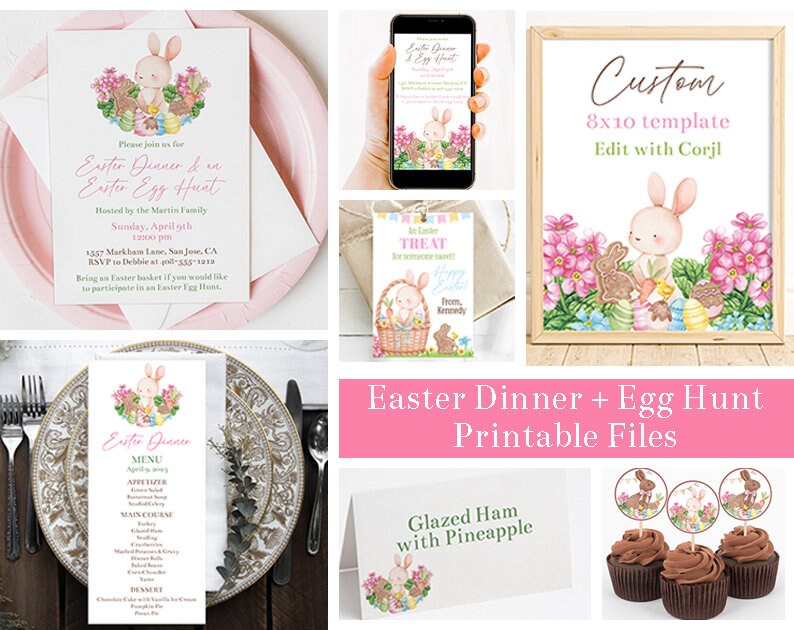 Editable Easter Brunch Bundle Templates, Invitation and Evite, Dinner Menu and Food Card, 8x10 Sign, Cupcake Toppers, Favor Tag, Corjl, EADN image 1