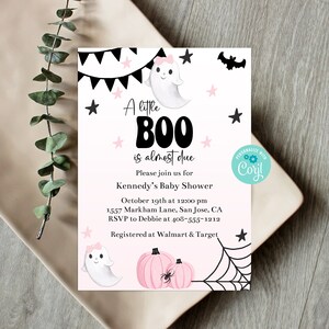 May include: A baby shower invitation with a Halloween theme. The invitation features a ghost, bats, stars, and pumpkins in pink and black. The text reads "A little BOO is almost due" and includes event details.