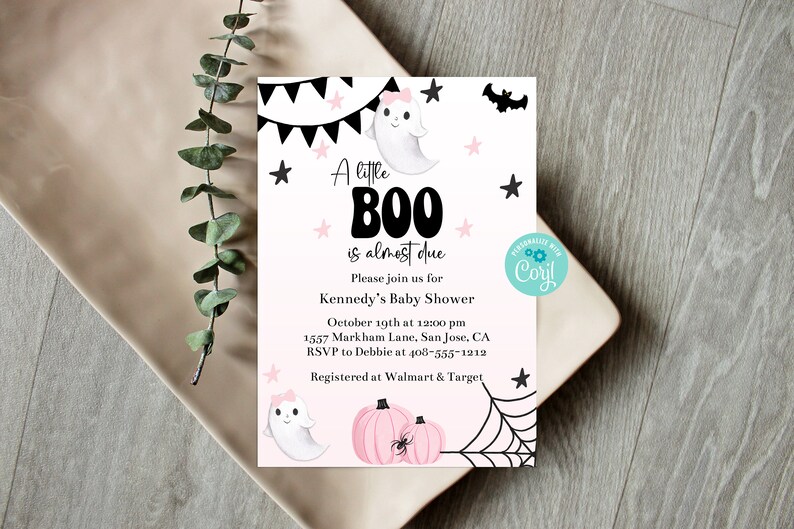 May include: A baby shower invitation with a Halloween theme. The invitation features a ghost, bats, stars, and pumpkins in pink and black. The text reads "A little BOO is almost due" and includes event details.