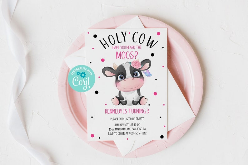 May include: A pink and black polka dot invitation with a cartoon cow wearing a flower crown. The invitation reads "Holy Cow! Have you heard the Moos? Kennedy is turning 3. Please join us to celebrate January 16th at 12:00 1557 Markham Lane, San Jose, CA RSVP to [phone number]"