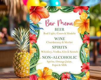 May include: A bar menu sign with a floral border, featuring the words "Bar Menu" in pink script. The menu lists beer, wine, spirits, and non-alcoholic drinks. A pineapple and colourful balloons are in the background.