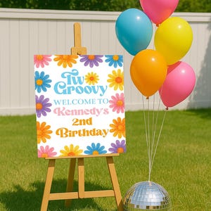 Two Groovy Birthday Welcome Sign Template, Editable Retro Daisy 2nd Birthday Decorations, Printable Second Birthday Floral Decor, Corjl