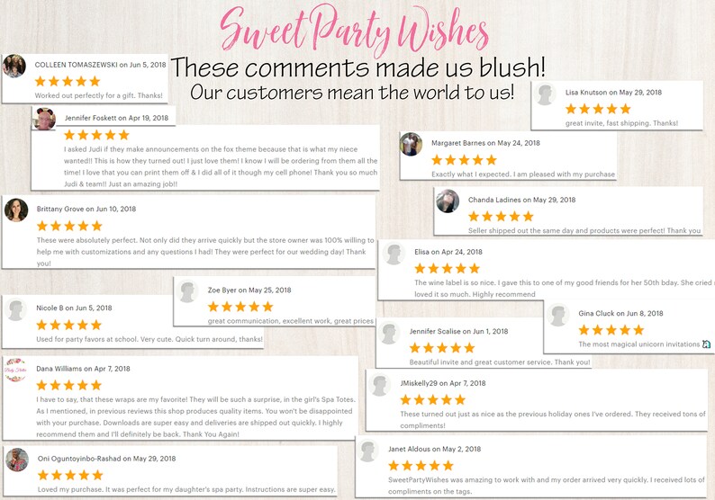 May include: A collage of customer reviews for a party supply business. The reviews are positive and highlight the quality of the products, the speed of shipping, and the excellent customer service. The reviews are displayed on a light pink background with a white border.