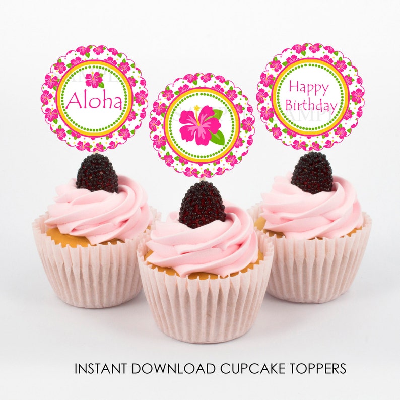 Hibiscus Luau Summer Party Cupcake Toppers Luau Birthday Etsy