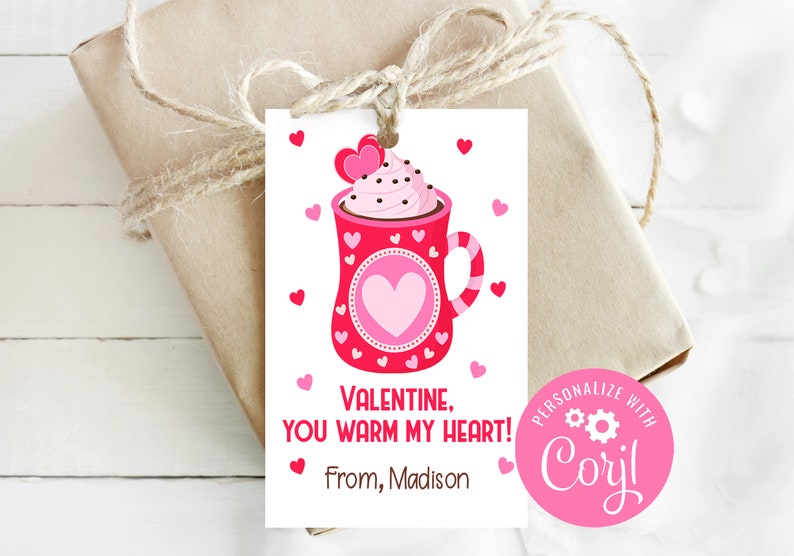 Editable Valentine Tag, You Warm My Heart Valentine, Printable Valentines, Corjl, Instant Download, Hot Cocoa Tag, Class Valentines image 1