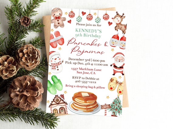 Editable Christmas Pancakes and Pajamas Party Invitation Template Girls Birthday Printable Holiday Pancakes With Santa Party Corjl CPPP Il_570xn