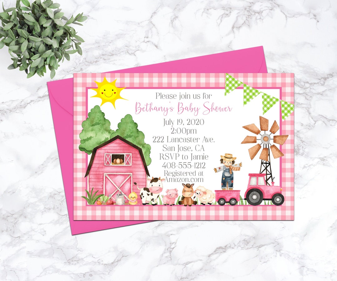 Farm Baby Shower Invitation Farm Animals Pink Farm Girl Etsy