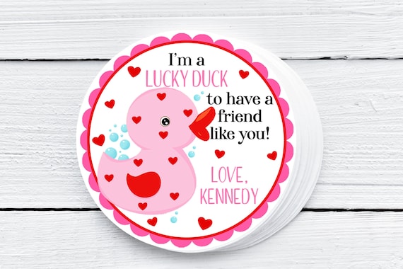 Lucky Duck Pink and Red Valentine Tags For Kids, Preschooler Valentines Gifts, Preschool Toddler Valentine Cards, Rubber Ducky With Hearts Il_570xn