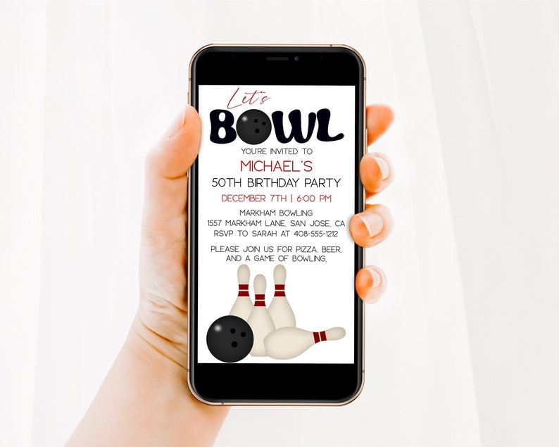 Editable Bowling Digital Invitation Let's Bowl Evite Bowling Birthday Mobile Invitation Text or Email Electronic Invite Corjl image 1