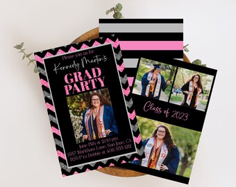 Pink Black and Silver Chevron Grad Party Invitation Template, Class of 2024 High School or College, Photo Graduation Party Invite, Corjl