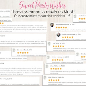 May include: A collage of customer reviews for a party supply business. The reviews are positive and highlight the quality of the products, the speed of shipping, and the excellent customer service. The reviews are displayed on a light pink background with a white border.