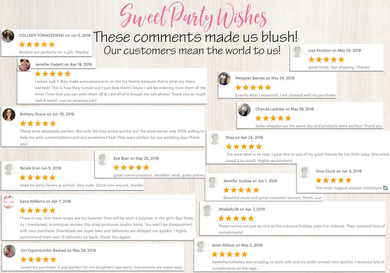 May include: A collage of customer reviews for a party supply business. The reviews are positive and highlight the quality of the products, the speed of shipping, and the excellent customer service. The reviews are displayed on a light pink background with a white border.